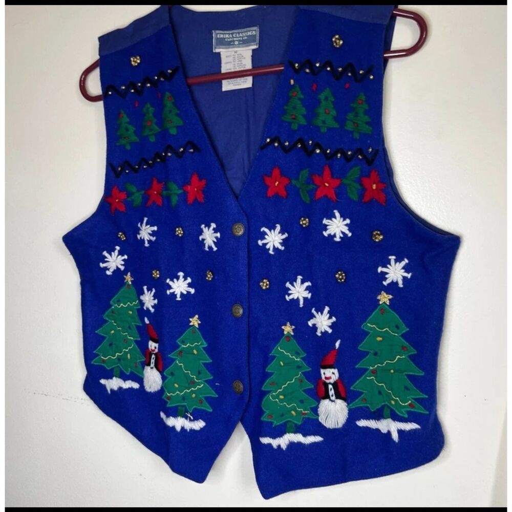 Vest Vtg Erika Classics M Embellished Snowman Winter Blue Wool